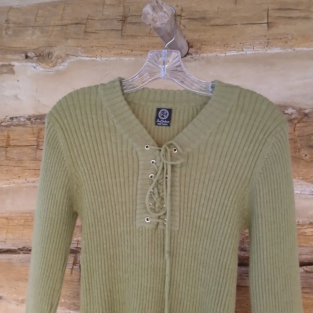 Inca Fashions Olive Ribbed Laced V Neck Baby Alpaca Sweater Small